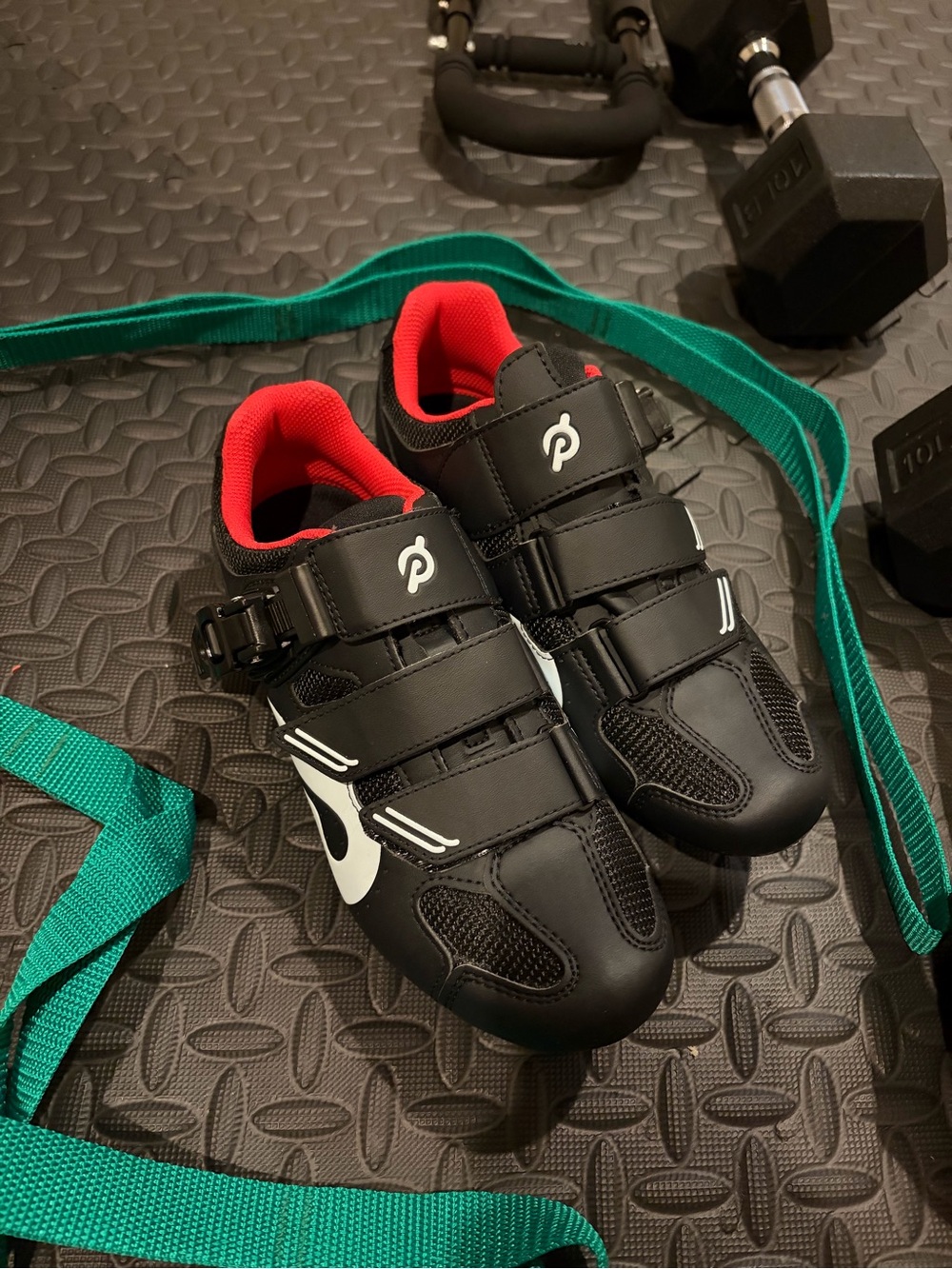 NWOT-Peloton Black Cycling Sneakers with Red Lining and White Accents